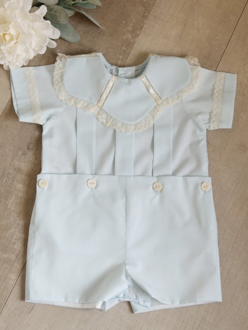 Blue Heirloom Bobby Suit Button-On Vintage Ivory Lace Trim Ring Bearer Portrait